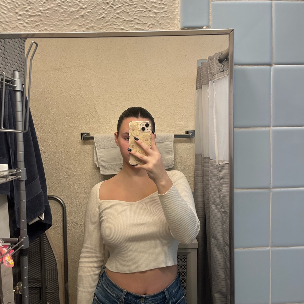 White Ribbed Cropped Sweater